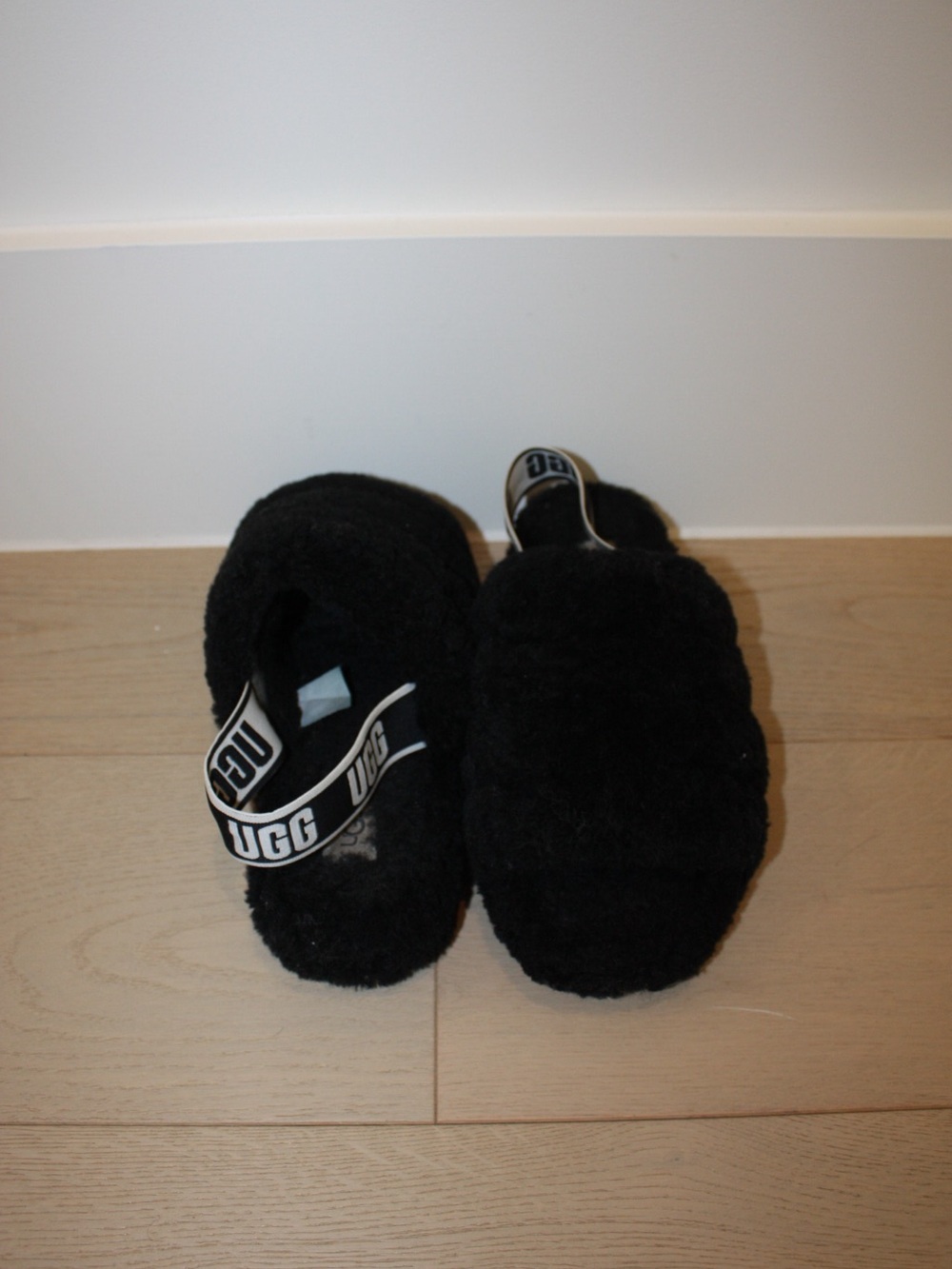 UGG Black Plush Slide Sandals with Branded Backstrap - Picture 2 of 2
